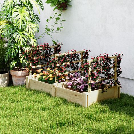 Huerto elevado exterior para verduras con 3 respaldos, base abierta y 2 jardineras, jardinera con enrejado para plantas trepadoras en madera de abeto, para balcón, 119 x 62,5 x 64 cm, color madera.
