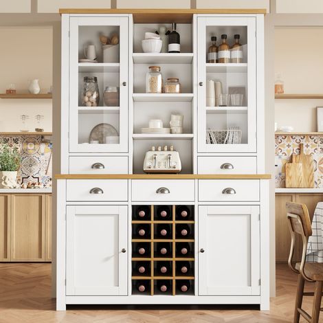 Armoire haute multifonctionnelle pour maison, avec dispositif anti-basculement, meuble autoportant pour cuisine et salon, porte vitrée, poignées en métal, fermeture amortie, casier à vin amovible, cou (1/5)