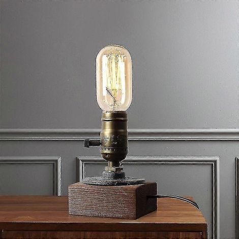Lampe de bureau industrielle steampunk, ampoule E27 avec base en bois (ampoule non incluse)