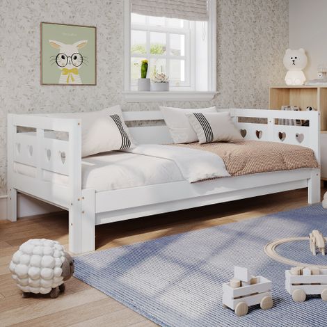 Divano letto allungabile, 90 x 190 cm, in legno massello di pino, con secondo posto letto e rete a doghe, a forma di cuore, bianco.