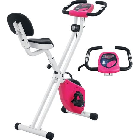 Vélo d'appartement pliable rose avec 8 niveaux de résistance et selle réglable, idéal pour le fitness à domicile. (1/5)