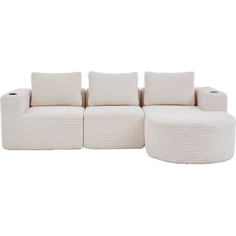 Sofá esquinero de 2 plazas beige de poliéster con 3 cojines y 2 portavasos MODENUIT
