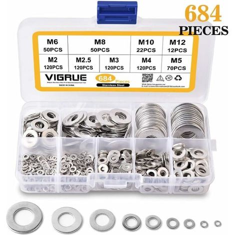 Rondelles-684 Rondelles 9 Tailles de rondelles en acier inoxydable et rondelles frein (M2 M2.5 M3 M4 M5 M6 M8 M10 M12) (Argent) (1/5)