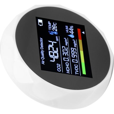 Détecteur de qualité de l'air multifonction : détecteur de COVT et de CO2, thermomètre et hygromètre numériques, chargement USB, blanc. (1/5)
