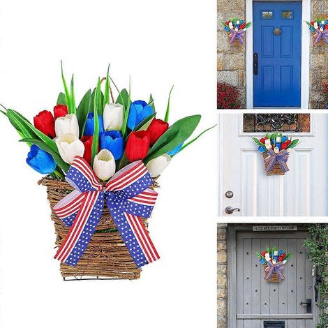 Couronne de tulipes pour la fête de l'Indépendance, couronne de fleurs artificielles, panier à suspendre à la porte (1/4)