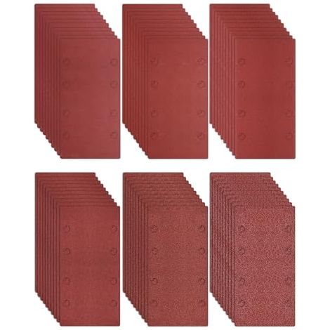 Lote de 60 Hojas Abrasivas 93x185 mm - Granos 40/80/120/180/240/400 - 8 Agujeros para Lijadoras Multifunción y Orbital (1/4)