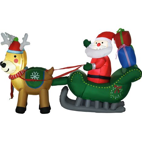 Décoration de Noël gonflable avec traîneau et 2 rennes pliable 210 x 70 x 125 cm 4 L pour salon Père rennes, illuminée (210 cm). (1/5)