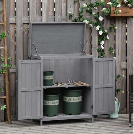 Gartenschrank 74x43x88 cm grau aus Tannenholz mit Doppeltür und 2 Fächern (1/5)