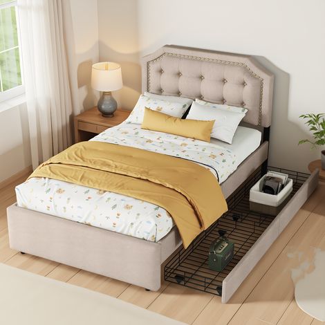Polsterbett 90x200 cm, Einzelbett mit höhenverstellbares Kopfteil, Modernes Jugendbett mit 2 Schubladens, Bettgestell mit Lattenrost, Leinen Dunkelbeige, Ohne Matratze