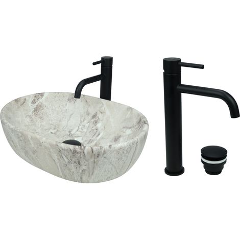 GTM Design Aufsatzwaschbecken 48 cm Matt Set mit Waschtischbatterie und Stopfen - Aufsatzwaschbecken Oval für Badezimmer - Modernes Waschbecken ohne Hahnloch - Waschbecken mit Armature (1/5)