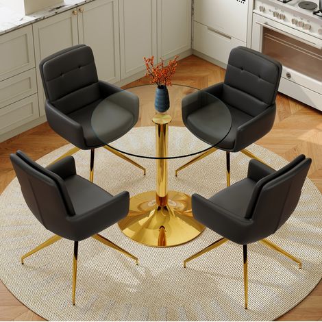 Set tavolo e sedie rotondo 85 cm, vetro temperato, 4 poltrone girevoli nero e oro DESVIAE (1/5)
