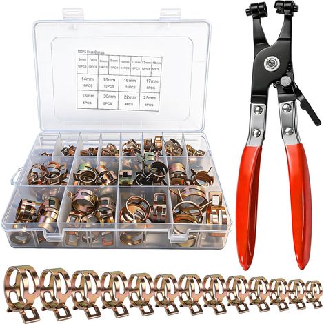 Lot de 130 Colliers de Serrage 6–25 mm, Assortiment de 16 Tailles avec Pince à Colliers, Colliers de Durite Carburant en Acier Inoxydable, Type à Ressort pour Auto, Jardin, Maison et Atelier (1/5)