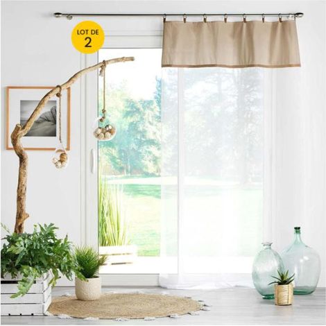 Lot de 2 Voilages à anneau 140 x 240 cm en polycoton sablé + jute Leana Beige (1/5)