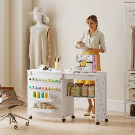 Table Couture Pliante Roulante, Porte Magnétique Grange, 2 Bacs, 18 Chevilles, Blanc (1/5)