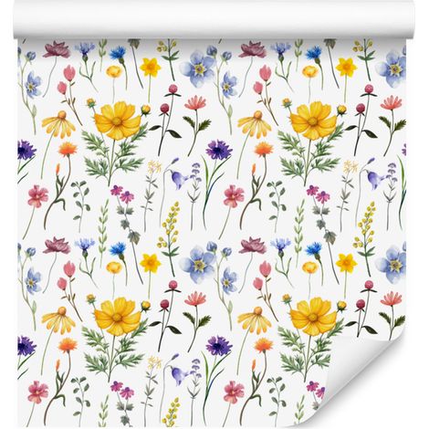 Papier peint Fleurs sauvages Blanc, Gris clair, Crème et Corail 50x1000 cm (1/5)