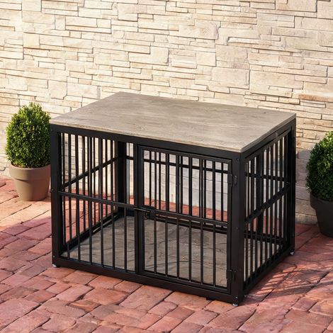 Grille de cage pour chien grise avec 3 portes et plateau en bois (1/5)