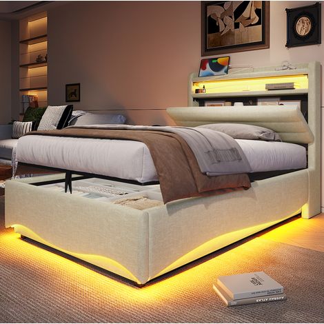 lit adulte rangement 90 200 lin beige LED hydraulique OKMYHOME (1/5)