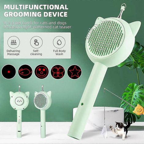 Jouets interactifs 3 en 1 pour chat : brosse de toilettage magique, pointeur laser interactif et bâtonnet rétractable pour chat. (1/4)