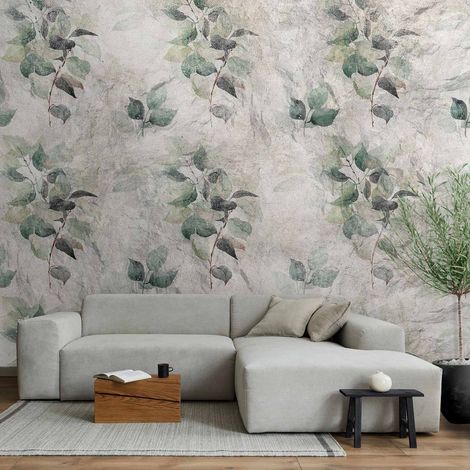Papier peint - Statue de la nature - motif végétal à feuilles vertes avec motifs gris (1/5)