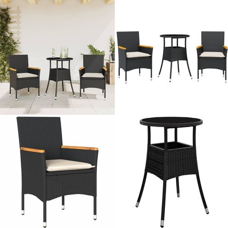 Set da Pranzo da Giardino 3 pz con Cuscini Polyrattan e Vetro - Tavolo da giardino - Sedie da giardino