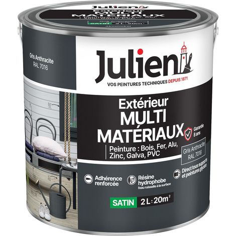 Julien Peinture Multi-Matériaux Satin en phase Aqueuse - Bois, Fer, Alu, PVC, Zinc, Acier galvanisé, brut ou peint - Gris Anthraracite 2 L