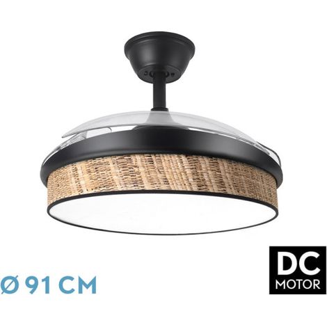 Abrila - Ventilador DC MODA  Color Negro con tres Aspas Desplegables ABS y Difusor Cañizo Oscuro  6 Velocidades Ajustables  3 Temperaturas de Luz  con Temporizador y Mando a Distancia Incluido (1/3)