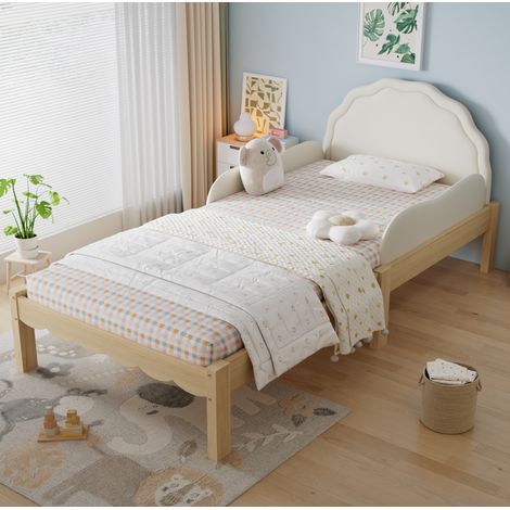 Cama infantil de 90x200 cm con cabecero y laterales acolchados, somier de láminas, madera natural beige (1/5)