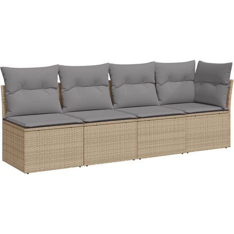 Canapé de jardin avec coussins 4 places beige résine tressée (1/5)