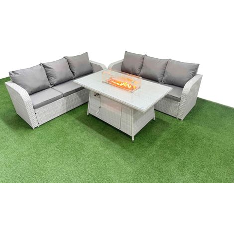 Fimous Outdoor Garden Furniture Sets 6 Seater Wicker Rattan Furniture Sofa Sets with Firepit Dining Table high Back Lounge Sofa Light Grey (1/4)