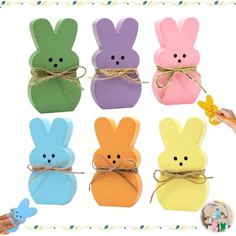 Lot de 6 décorations de Pâques : figurines de lapins en bois, ornements, suspensions, décorations printanières, multicolores, idéales pour cheminées, tables, étagères et présentoirs à étages. (1/5)