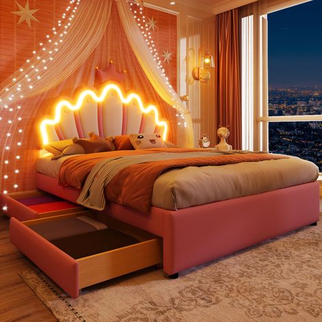 Letto bambino 140x200 cm in PU rosa con contenitore, per cameretta, FloraGrace (1/5)