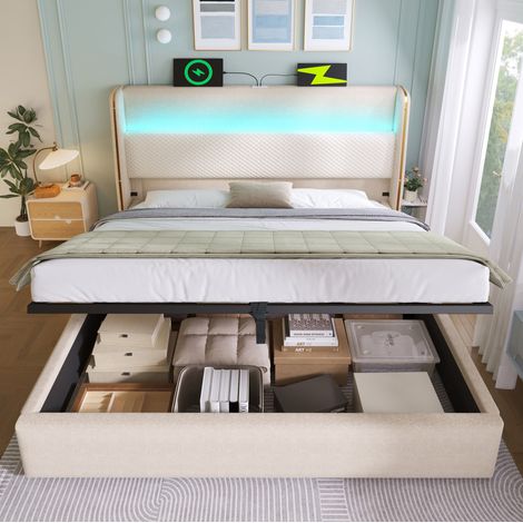 Letto contenitore matrimoniale 140x200 cm, con sollevamento idraulico, LED e USB Type-C, beige, senza materasso (1/5)