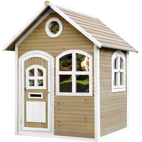 Cabane de jardin pour enfant en bois FSC marron et blanc – Maisonnette avec fenêtres – Pour extérieur – Installation requise – AXI
