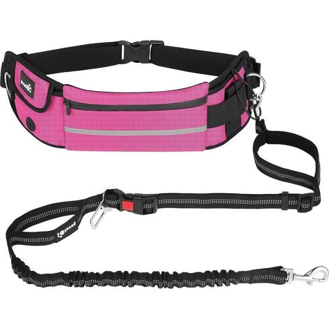 Laisse de jogging mains libres avec ceinture et sacoche, amortissante, rose (1/5)