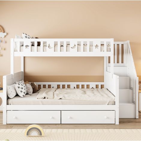 Lit superposé enfant 252x145x160 cm en bois blanc, rangement chambre, sans matelas – MEUBLIV (1/5)