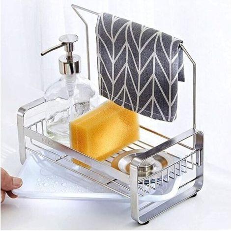 Porta spugne da lavello in acciaio inox con portasciugamani, pannello rimovibile per riporre spazzole, spugne e detersivo per piatti (argento, grande) (1/4)