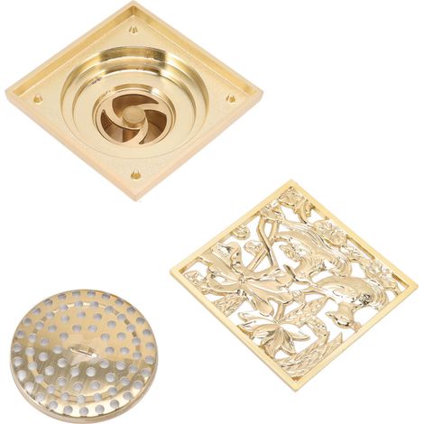 Grille d'évacuation au sol en cuivre et acier inoxydable, carrée, peu profonde, anti-odeurs et anti-insectes, pour salle de bain et cuisine, couleur dorée.
