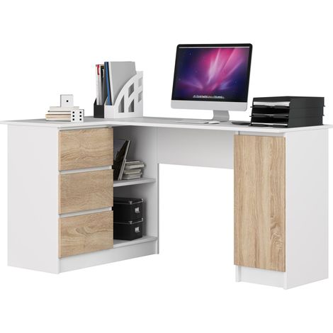 Akord – Bureau d'angle blanc 155 cm – 3 tiroirs et 1 porte – Façade chêne sonoma – Dimensions 155x85x77 cm – Construction stable en panneau stratifié
