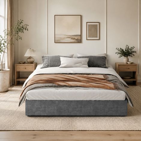 DESMIU Lit adulte 160 × 200 cm 2 places avec tête géométrique, sans matelas, en tissu et métal, gris (1/4)