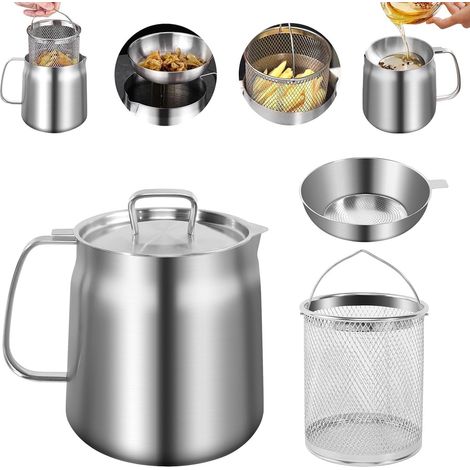 Pentola filtro olio in acciaio inox 304 con cestello e rete filtrante, per friggere e cuocere grassi su piani cottura a gas e in vetroceramica (2 L) (1/5)