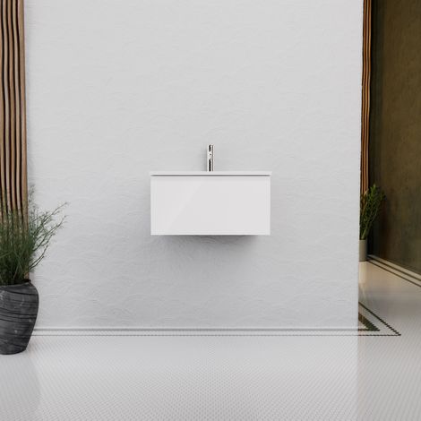 Inda - Badezimmerschrank B.60 mit glänzendem Waschbecken / Hochglanzweiß 1 Schublade - Rubin