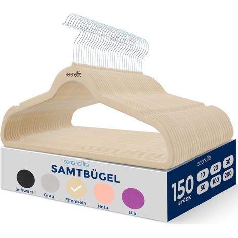 SereneLife Samt-Kleiderbügel 150er Set, rutschfest, Creme (1/2)