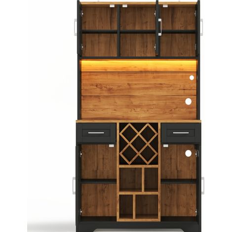 Credenza da cucina alta con LED RGB, portasci e 2 cassetti, MDF naturale e nero, 105 x 40 x 180 cm (1/5)