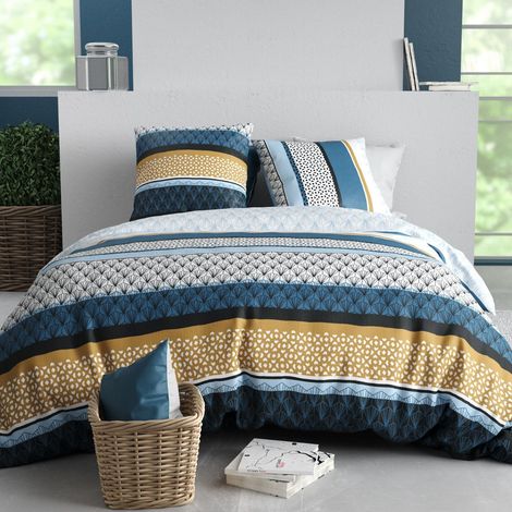 Parure housse de couette 260x240cm + 2 taies motif rétro bleu et jaune 100% coton - OSYRIS (1/4)