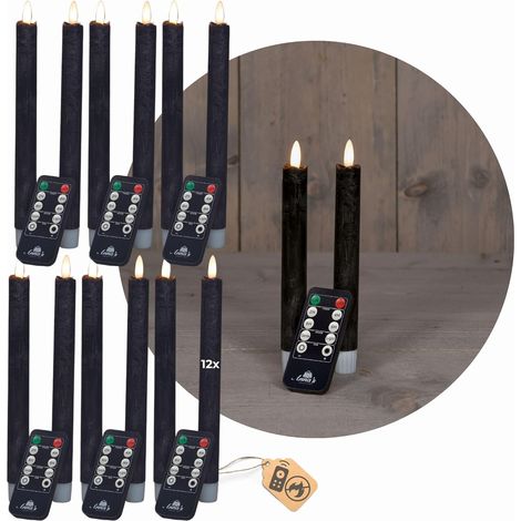 Bougies coniques LED avec minuterie NOIRES 12 pièces intérieur 6 heures VRAIE CIRE 18 cm de hauteur pour les bougies 2,2 cm de diamètre 2 piles AAA