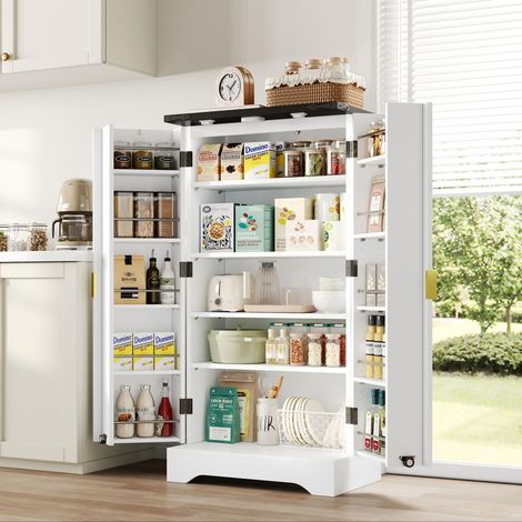 Buffet de cuisine 60.5x40x120cm - Avec capteur de lumière LED - Avec 2 portes - Avec étagères réglables - Blanc