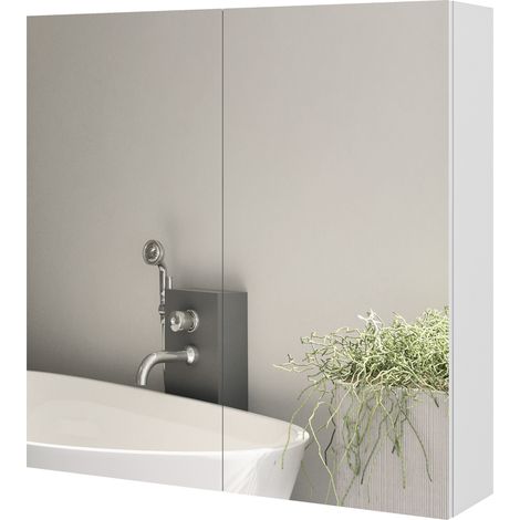 Badezimmerschrank mit Spiegel, 2 Türen, 3 verstellbare Einlegeböden, Maße 60x15x60 cm, Farbe weiß, praktischer Wandschrank.