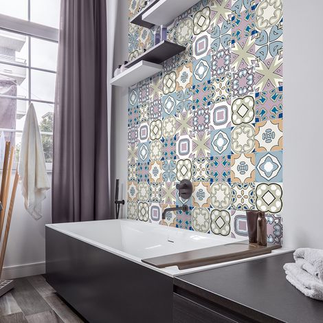 Sticker Mural Carrelage adhésif Cuisine Salle de Bain - 60 STICKERS CARREAUX DE CIMENT AZULEJOS DONA - 60stickers15x15cm (1/5)