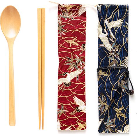 Couverts En Bois - Baguettes Et Cuillère Réutilisables - Pour Maison Bureau Voyage Camping - Lot De 2 Pièces Avec 2 Housses (1/5)