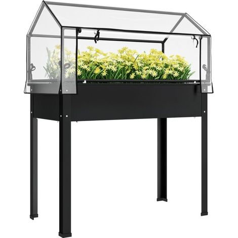 Hochbeet surélevé avec serre intégrée, Bacs de culture avec évacuation d'eau, 100x48x124 cm, Noir